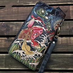 Black Handmade Chinese Dragon Tooled Leather Long Biker Wallet Chain Wallet Clutch Wallet For Men - iwalletsmen