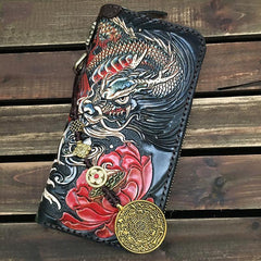 Black Handmade Tooled Chinese Dragon Leather Long Biker Wallet Chain Wallet Clutch Wallet For Men - iwalletsmen