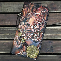 Black Handmade Chinese Dragon Tooled Leather Long Biker Wallet Chain Wallet Clutch Wallet For Men - iwalletsmen