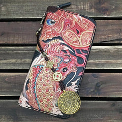 Black Handmade Chinese Dragon Tooled Leather Long Biker Wallet Chain Wallet Clutch Wallet For Men - iwalletsmen
