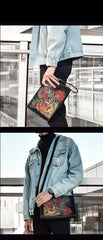 Handmade Black Tooled Dragon Carp Leather Clutch Wristlet Bag Messenger Bag Side Bag For Men - iwalletsmen
