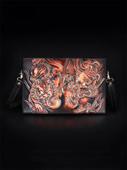 Handmade Black Tooled Lion Dragon Leather Messenger Bags Side Bag Clutch Wristlet Bag For Men - iwalletsmen