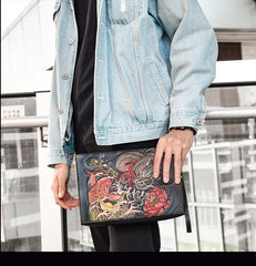 Handmade Black Tooled Dragon Carp Leather Messenger Bag Side Bag Clutch Wristlet Bag For Men - iwalletsmen