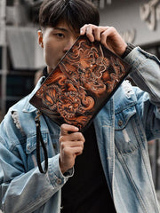 Handmade Black Tooled Lion Dragon Leather Messenger Bags Side Bag Clutch Wristlet Bag For Men - iwalletsmen