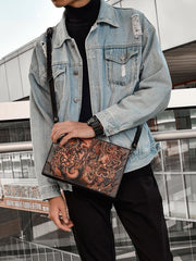 Handmade Black Tooled Lion Dragon Leather Messenger Bags Side Bag Clutch Wristlet Bag For Men - iwalletsmen