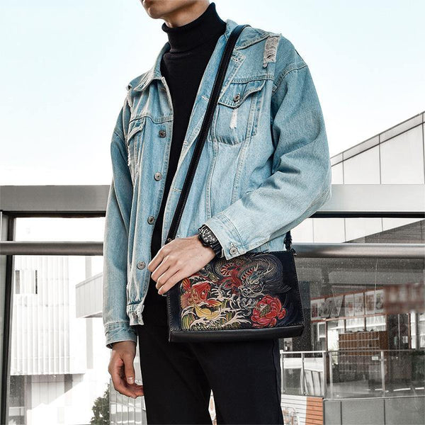 Handmade Black Tooled Dragon Carp Leather Messenger Bag Side Bag Clutch Wristlet Bag For Men - iwalletsmen