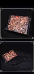Handmade Black Tooled Lion Dragon Leather Messenger Bags Side Bag Clutch Wristlet Bag For Men - iwalletsmen