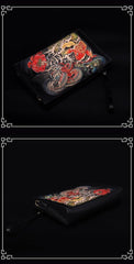 Handmade Black Tooled Dragon Carp Leather Messenger Bag Side Bag Clutch Wristlet Bag For Men - iwalletsmen