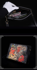 Handmade Black Tooled Dragon Carp Leather Messenger Bag Side Bag Clutch Wristlet Bag For Men - iwalletsmen