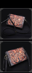 Handmade Black Tooled Lion Dragon Leather Messenger Bags Side Bag Clutch Wristlet Bag For Men - iwalletsmen