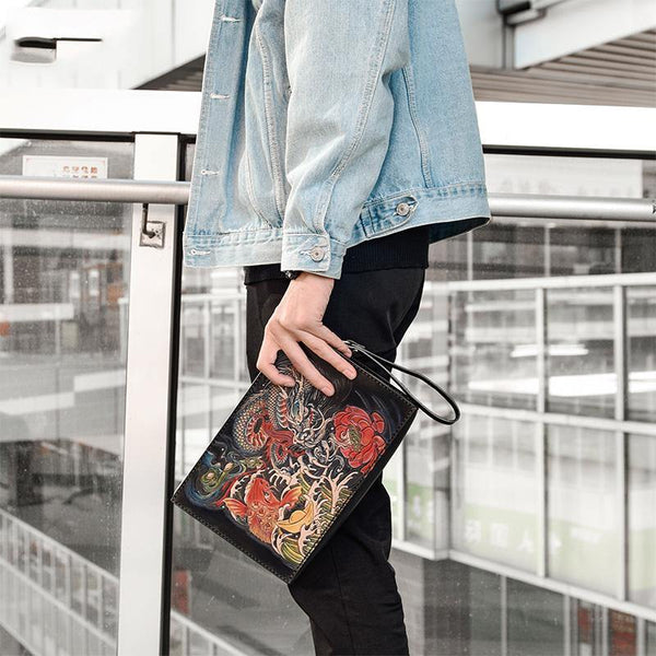 Handmade Black Tooled Dragon Carp Leather Clutch Wristlet Bag Messenger Bag Side Bag For Men - iwalletsmen