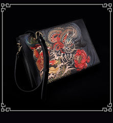 Handmade Black Tooled Dragon Carp Leather Clutch Wristlet Bag Messenger Bag Side Bag For Men - iwalletsmen