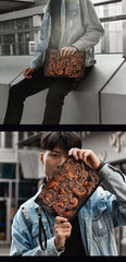 Handmade Black Tooled Lion Dragon Leather Messenger Bags Side Bag Clutch Wristlet Bag For Men - iwalletsmen