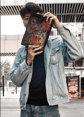 Handmade Black Tooled Dragon Carp Leather Clutch Wristlet Bag Messenger Bag Side Bag For Men - iwalletsmen