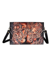 Handmade Black Tooled Lion Dragon Leather Messenger Bags Side Bag Clutch Wristlet Bag For Men - iwalletsmen
