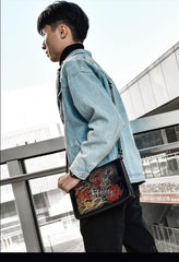 Handmade Black Tooled Dragon Carp Leather Messenger Bag Side Bag Clutch Wristlet Bag For Men - iwalletsmen