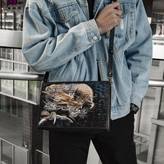 Handmade Black Tooled Floral Leather Messenger Bags Side Bag Clutch Wristlet Bag For Men - iwalletsmen