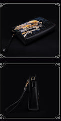 Handmade Black Tooled Chinese Dragon Leather Clutch Wristlet Bag Messenger Bags Side Bag For Men - iwalletsmen