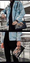 Handmade Black Tooled Chinese Dragon Leather Clutch Wristlet Bag Messenger Bags Side Bag For Men - iwalletsmen