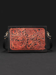 Handmade Black Tooled Floral Leather Messenger Bags Side Bag Clutch Wristlet Bag For Men - iwalletsmen