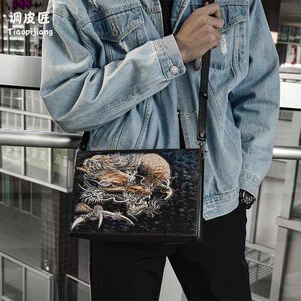 Handmade Black Tooled Chinese Dragon Leather Messenger Bags Side Bag Clutch Wristlet Bag For Men - iwalletsmen