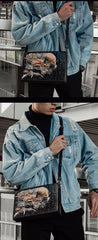 Handmade Black Tooled Chinese Dragon Leather Clutch Wristlet Bag Messenger Bags Side Bag For Men - iwalletsmen