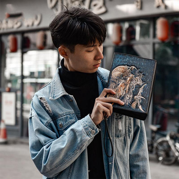 Handmade Black Tooled Chinese Dragon Leather Clutch Wristlet Bag Messenger Bags Side Bag For Men - iwalletsmen