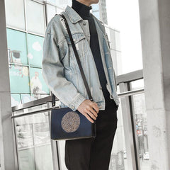 Handmade Black Tooled Floral Leather Messenger Bags Side Bag Clutch Wristlet Bag For Men - iwalletsmen