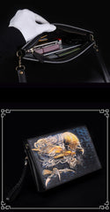 Handmade Black Tooled Chinese Dragon Leather Clutch Wristlet Bag Messenger Bags Side Bag For Men - iwalletsmen
