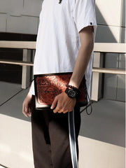 Handmade Black Tooled Floral Leather Messenger Bags Side Bag Clutch Wristlet Bag For Men - iwalletsmen