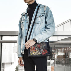 Handmade Black Tooled Double Carp Leather Messenger Bags Side Bag Clutch Wristlet Bag For Men - iwalletsmen