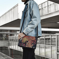 Handmade Black Tooled Double Carp Leather Messenger Bags Side Bag Clutch Wristlet Bag For Men - iwalletsmen