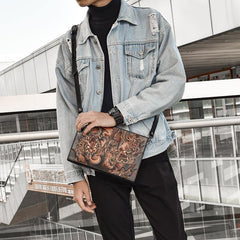 Handmade Black Tooled Double Carp Leather Messenger Bags Side Bag Clutch Wristlet Bag For Men - iwalletsmen