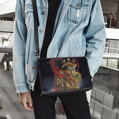 Handmade Black Tooled Double Carp Leather Messenger Bags Side Bag Clutch Wristlet Bag For Men - iwalletsmen