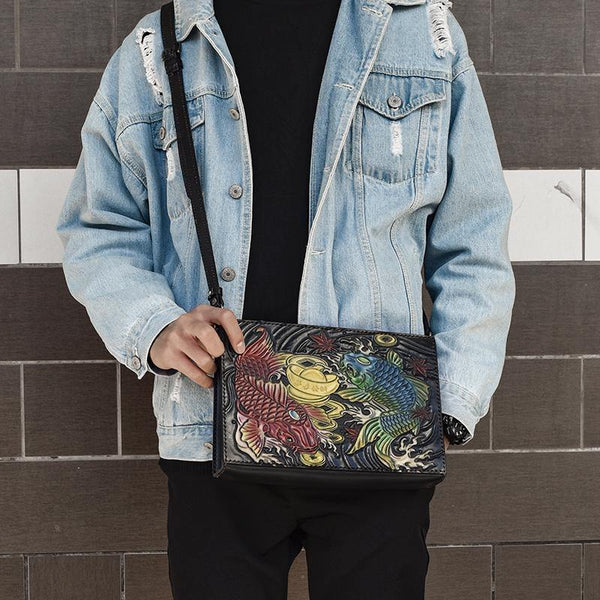 Handmade Black Tooled Double Carp Leather Messenger Bags Side Bag Clutch Wristlet Bag For Men - iwalletsmen