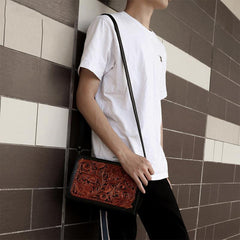 Handmade Black Tooled Double Carp Leather Messenger Bags Side Bag Clutch Wristlet Bag For Men - iwalletsmen