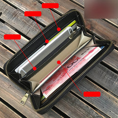 Handmade Black Wolf Tooled Leather Long Wallet Mahākāla Clutch Zipper Wallet For Men - iwalletsmen