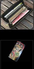 Handmade Black Wolf Tooled Leather Long Wallet Mahākāla Clutch Zipper Wallet For Men - iwalletsmen