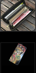 Handmade Black Mahākāla Wolf Tooled Leather Long Wallet Clutch Zipper Wallet For Men - iwalletsmen
