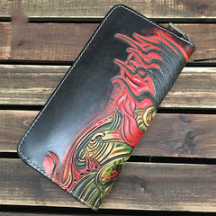 Handmade Black Wolf Tooled Leather Long Wallet Mahākāla Clutch Zipper Wallet For Men - iwalletsmen