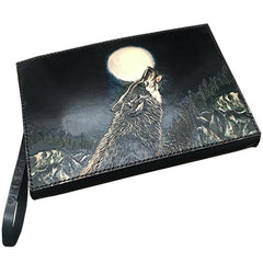 Black Handmade Tooled Leather Wolf Clutch Wallet Wristlet Bag Clutch Purse For Men - iwalletsmen