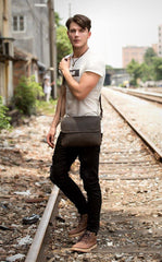 Black Leather 10 inches Mens Casual Messenger Bag Shoulder Bags for Men - iwalletsmen