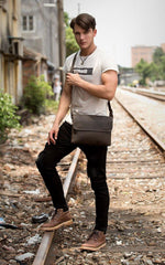 Black Leather 10 inches Mens Casual Messenger Bag Shoulder Bags for Men - iwalletsmen