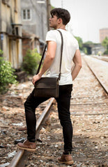 Black Leather 10 inches Mens Casual Messenger Bag Shoulder Bags for Men - iwalletsmen