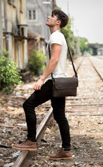 Black Leather 10 inches Mens Casual Messenger Bag Shoulder Bags for Men - iwalletsmen