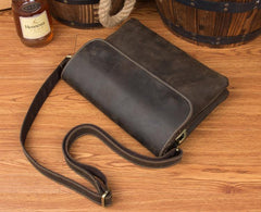 Black Leather 10 inches Mens Casual Messenger Bag Shoulder Bags for Men - iwalletsmen
