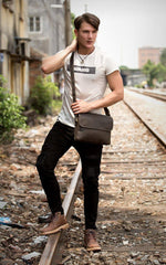 Black Leather 10 inches Mens Casual Messenger Bag Shoulder Bags for Men - iwalletsmen