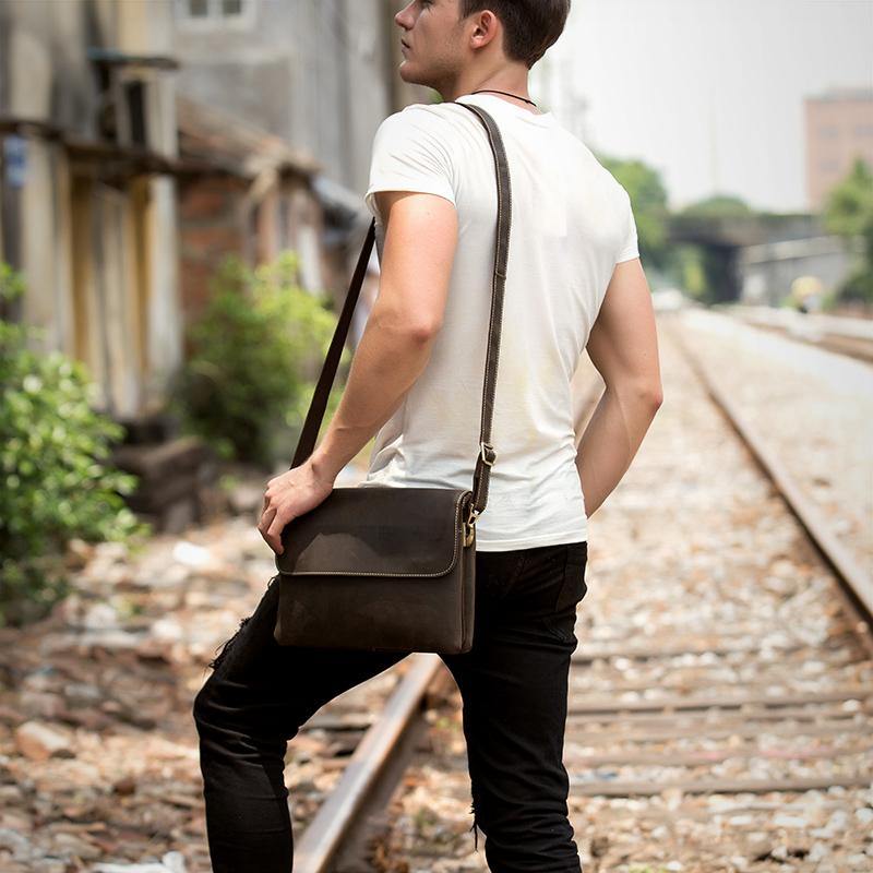 Black Leather 10 inches Mens Casual Messenger Bag Shoulder Bags for Me iwalletsmen