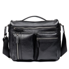 Black Leather 10 inches Mens Small Messenger Bag Black Side Bag Courier Bag Postman Bag for Men - iwalletsmen