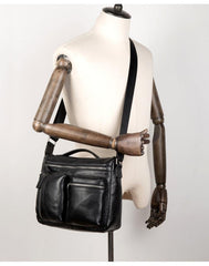 Black Leather 10 inches Mens Small Messenger Bag Black Side Bag Courier Bag Postman Bag for Men - iwalletsmen
